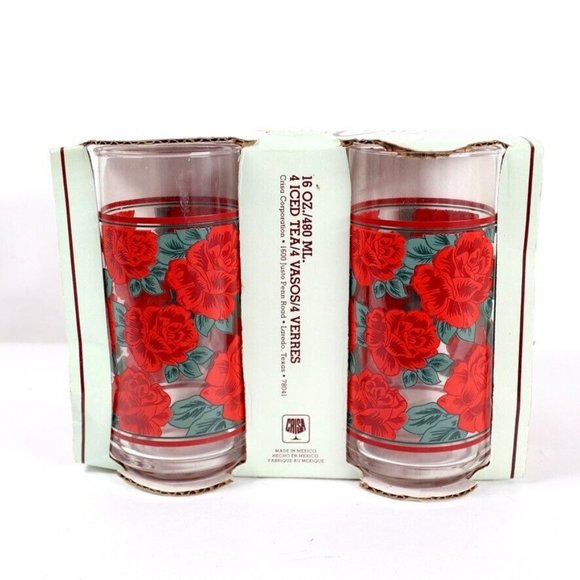 Vintage Crisa Red Roses Green Leaves Tumblers Set Of 4 16 OZ NEW - Picture 4 of 7